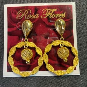 Rosa Flores Signed Vintage Gold Tone Dangle Drop Pierced Earrings